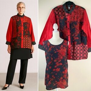 KOOS OF COURSE Vintage Silk 2-Piece Blouse Set Patchwork Floral Tops NEW Red 1X